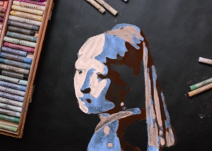 Vermeer painting reproduced in pastel using bridged stencil