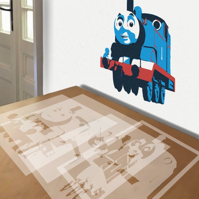 Thomas the Tank Engine stencil in 4 layers, simulated painting