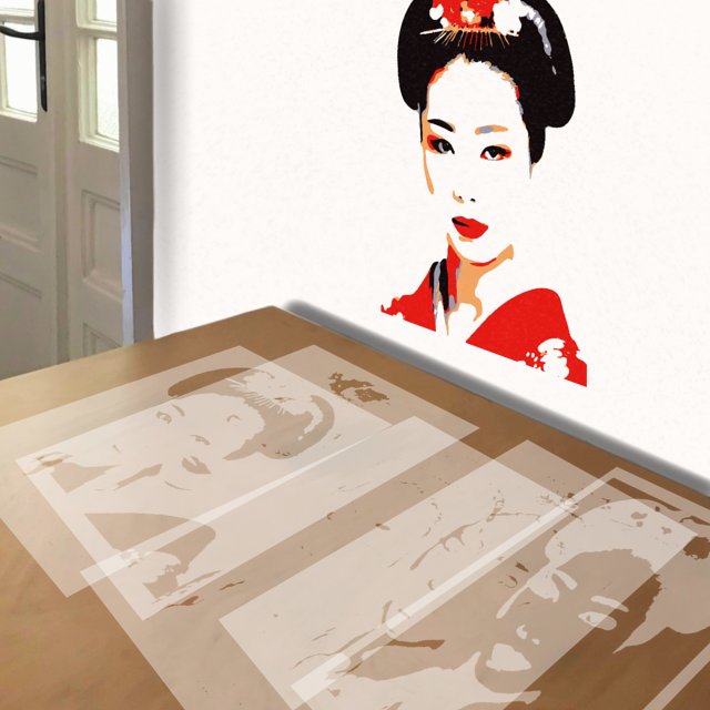 Geisha stencil in 5 layers, simulated painting