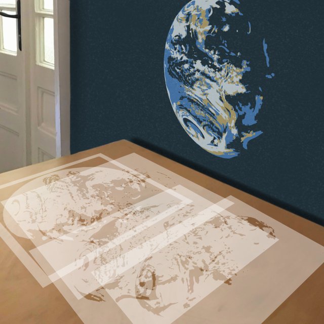 Earth from Space stencil in 4 layers, simulated painting