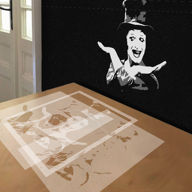 Marcel Marceau stencil in 3 layers, simulated painting