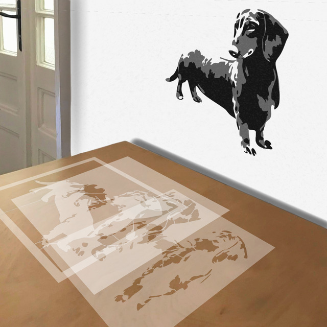 Dachshund in Grey stencil in 3 layers, simulated painting