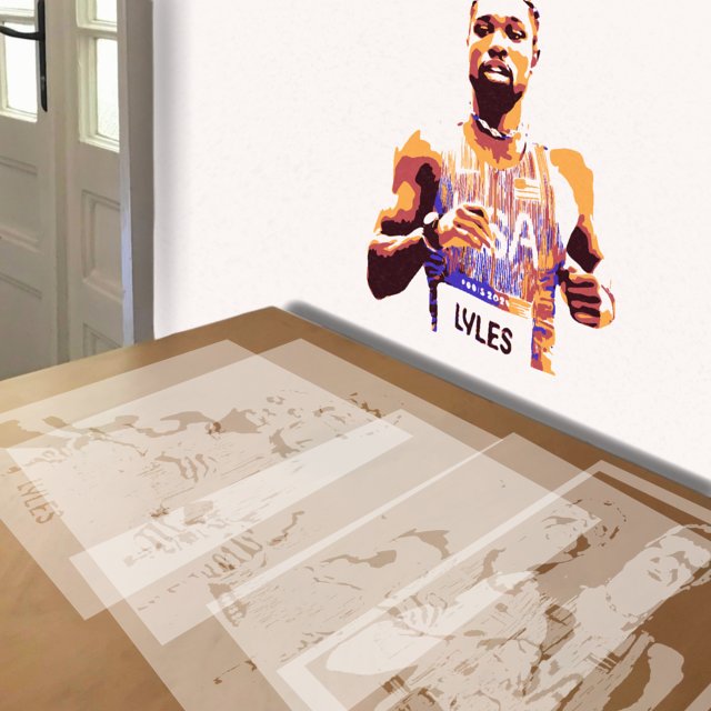 Noah Lyles stencil in 5 layers, simulated painting