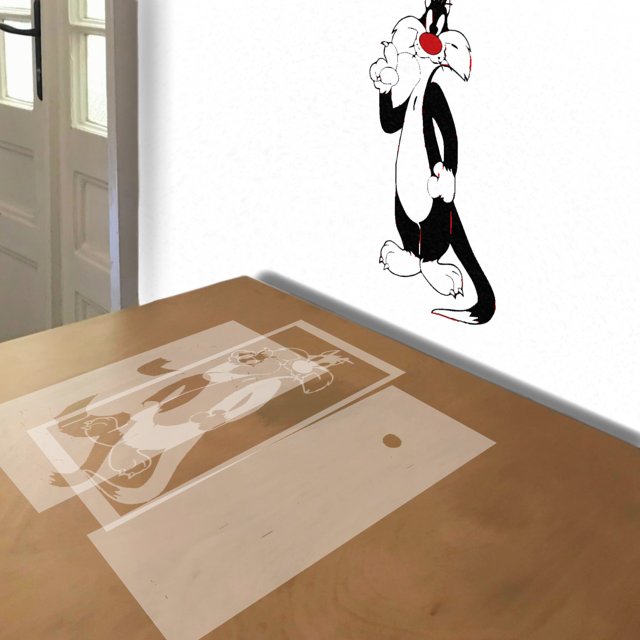 Sylvester the Cat stencil in 3 layers, simulated painting