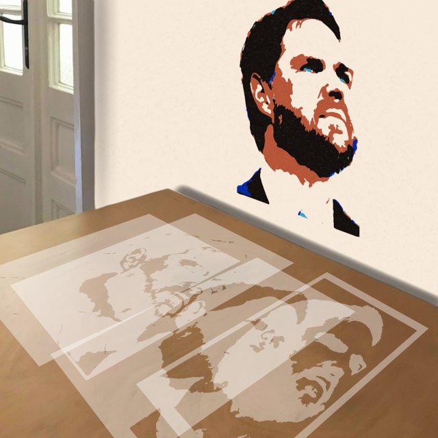 JD Vance stencil in 5 layers, simulated painting