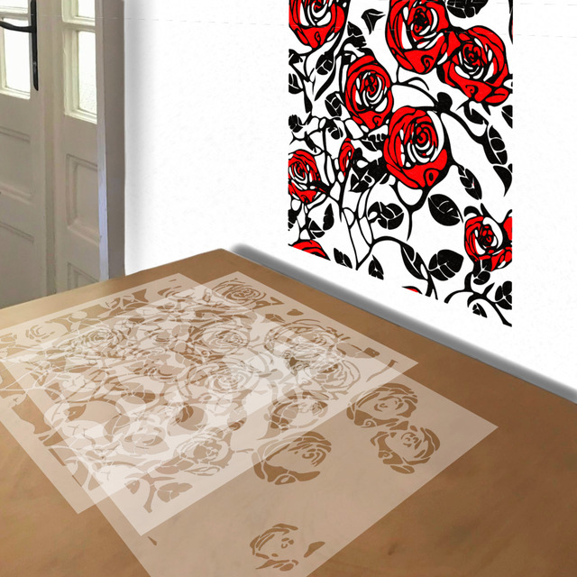 Climbing Roses stencil in 3 layers, simulated painting
