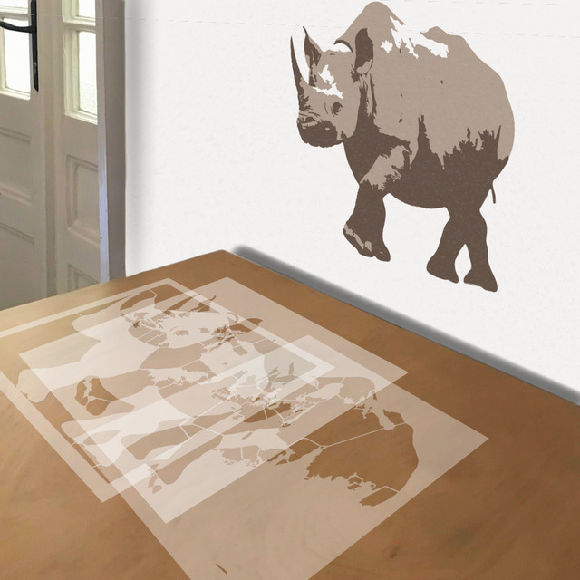 Rhino stencil in 3 layers, simulated painting