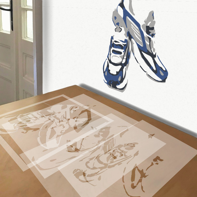 Running Shoes stencil in 4 layers, simulated painting