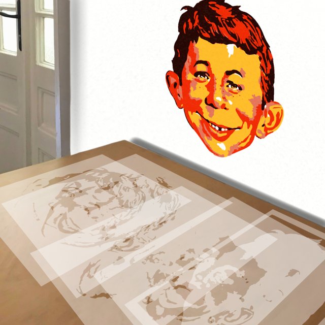 Alfred E Neuman stencil in 5 layers, simulated painting