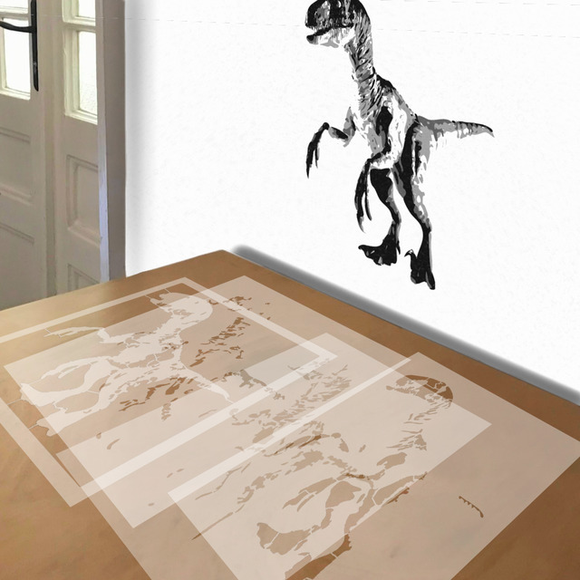 Velociraptor stencil in 4 layers, simulated painting