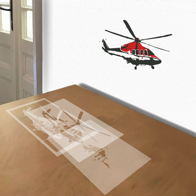 Helicopter stencil in 3 layers, simulated painting