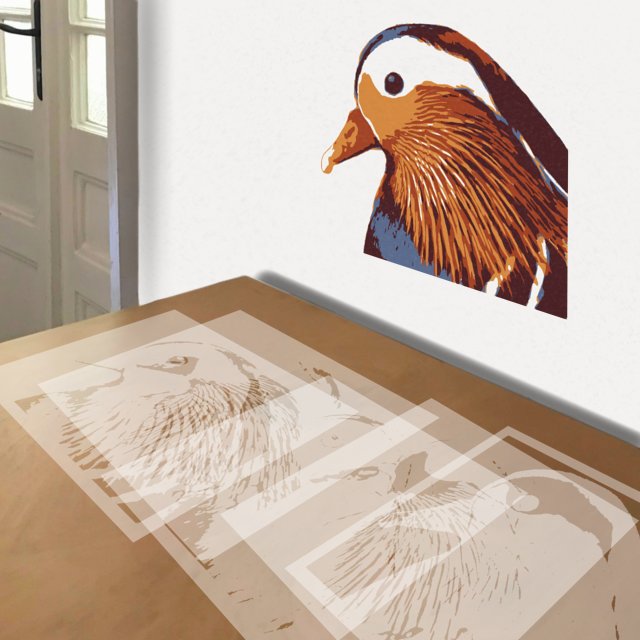 Mandarin Duck stencil in 5 layers, simulated painting