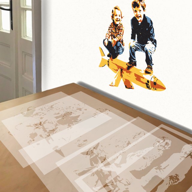 Two Kids Standing on a Bomb stencil in 5 layers, simulated painting