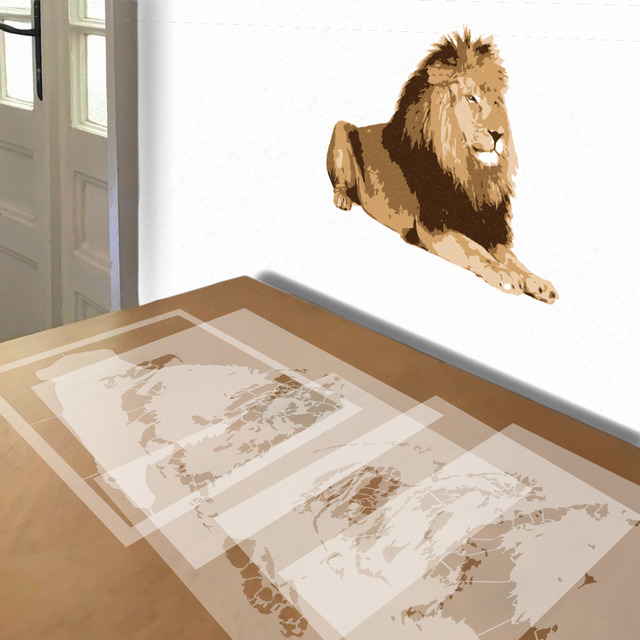 Lion in Repose stencil in 5 layers, simulated painting
