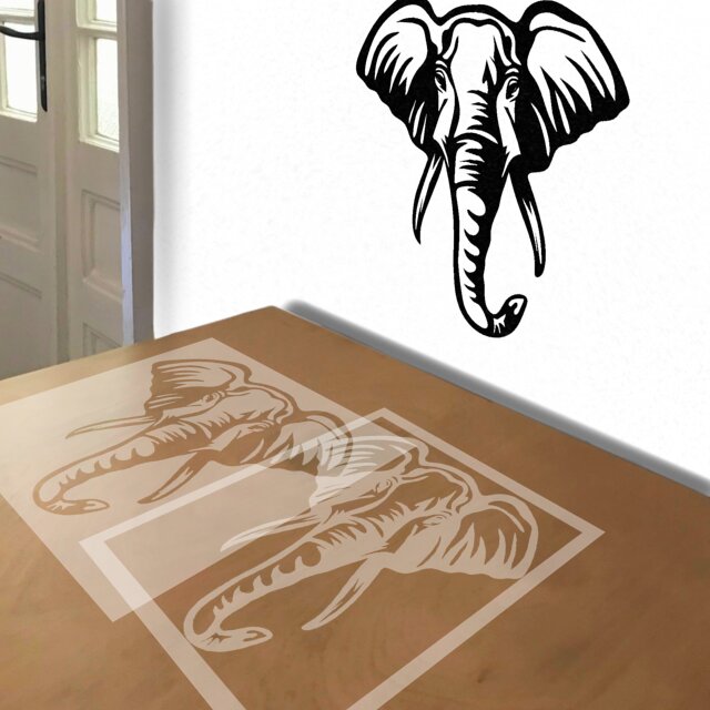 Elephant in Black and White stencil in 2 layers, simulated painting