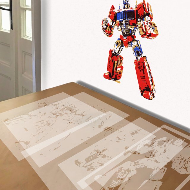 Optimus Prime stencil in 5 layers, simulated painting