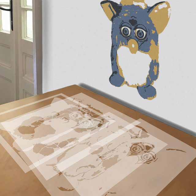 Furby stencil in 4 layers, simulated painting
