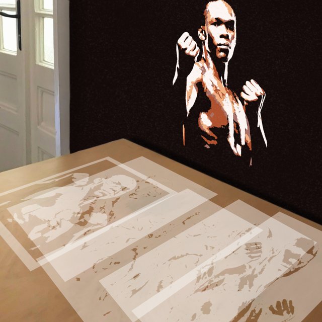 Israel Adesanya stencil in 5 layers, simulated painting