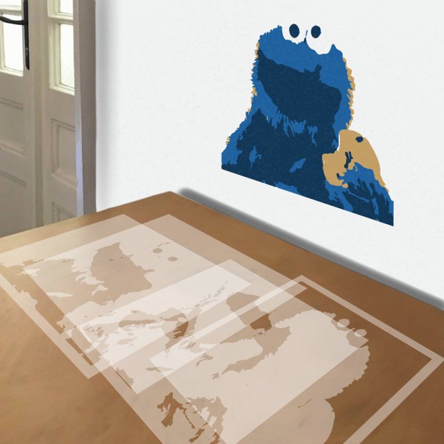 Cookie Monster stencil in 4 layers, simulated painting