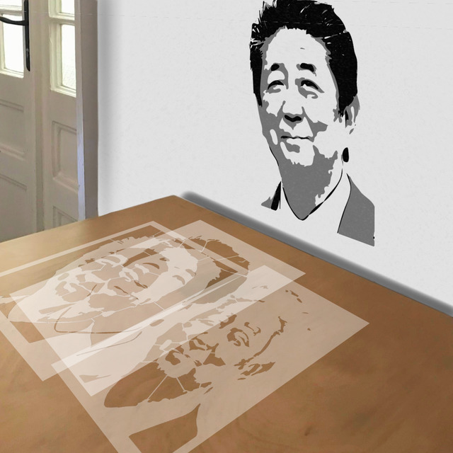 Shinzo Abe stencil in 3 layers, simulated painting