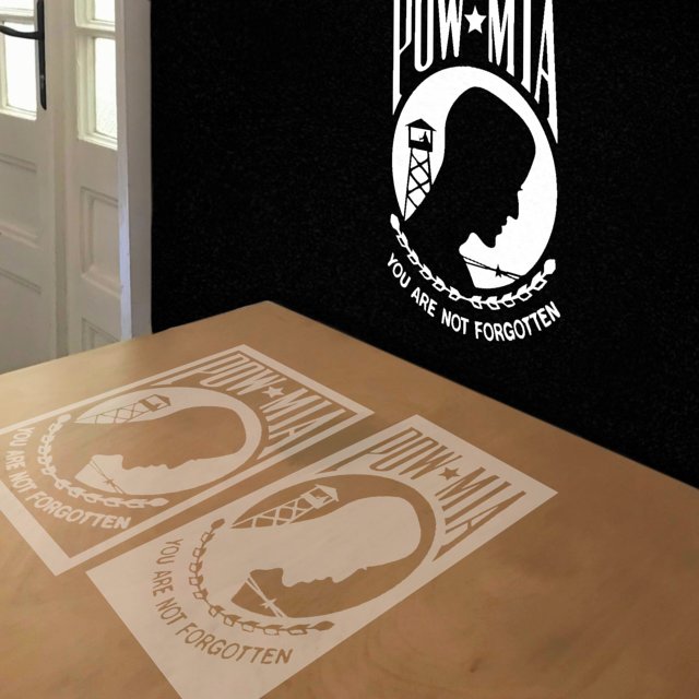 POW / MIA stencil in 2 layers, simulated painting