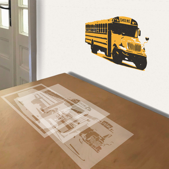 School Bus stencil in 3 layers, simulated painting