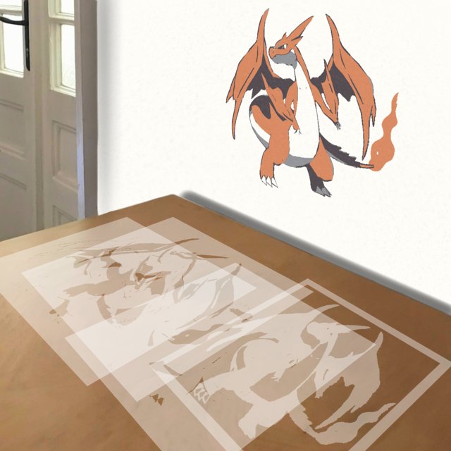 Charizard stencil in 4 layers, simulated painting