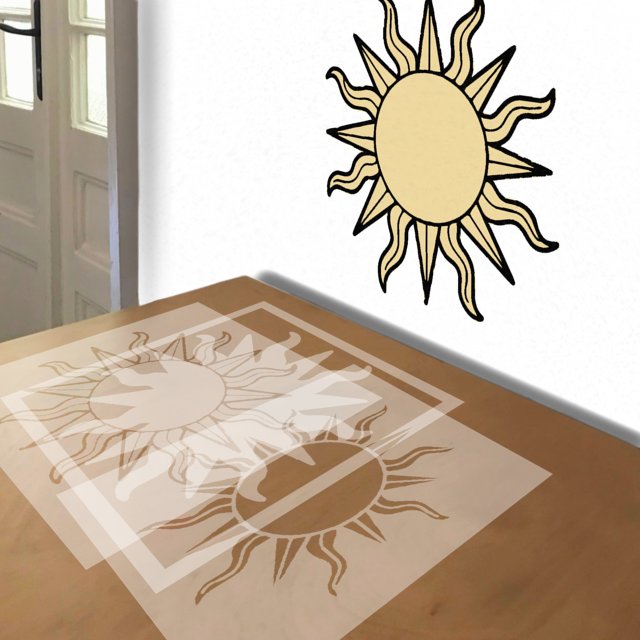 Sun stencil in 3 layers, simulated painting