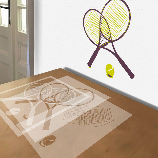 Tennis Rackets stencil in 3 layers, simulated painting