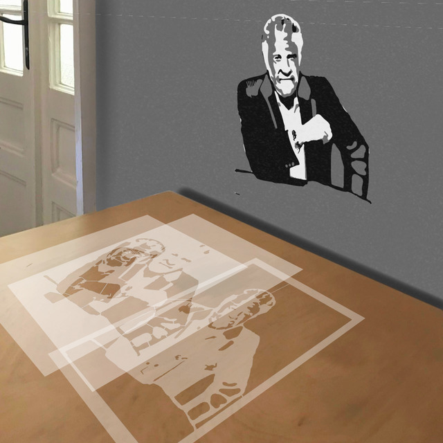 World's Most Interesting Man stencil in 3 layers, simulated painting