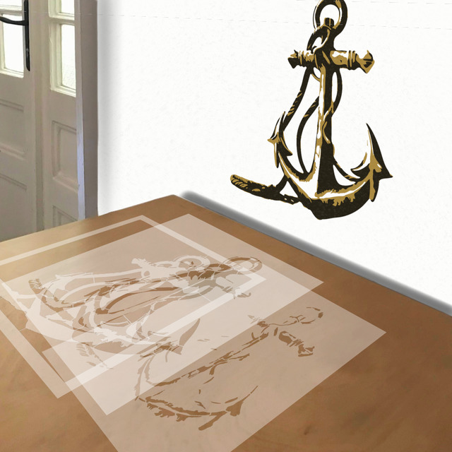 Brass Anchor stencil in 3 layers, simulated painting