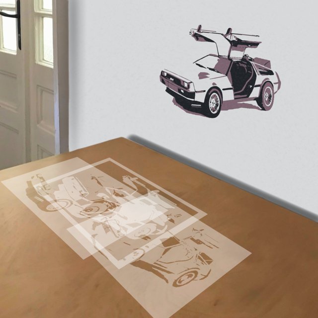 Delorean stencil in 3 layers, simulated painting