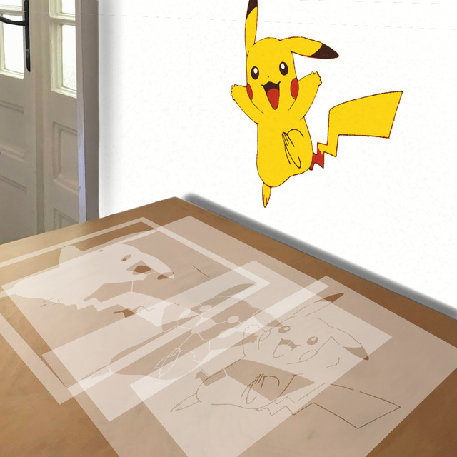 Pikachu Jumping stencil in 4 layers, simulated painting