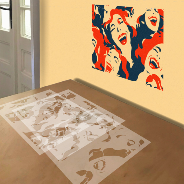 Psychedelic Women Laughing stencil in 3 layers, simulated painting