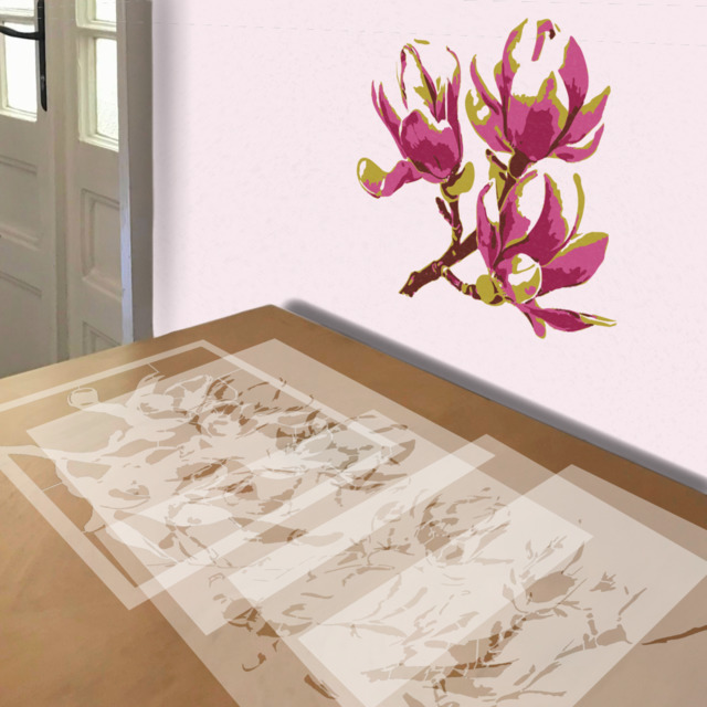 Pink Magnolia stencil in 5 layers, simulated painting