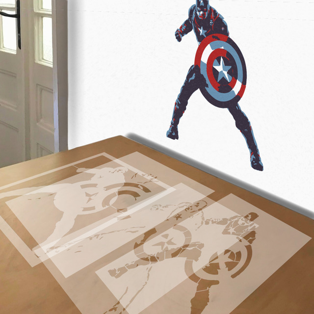 Captain America stencil in 4 layers, simulated painting